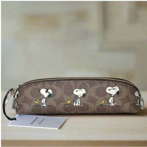 Coach x Peanuts Snoopy Pencil Case CBT17 Brown Signature Canvas Leather